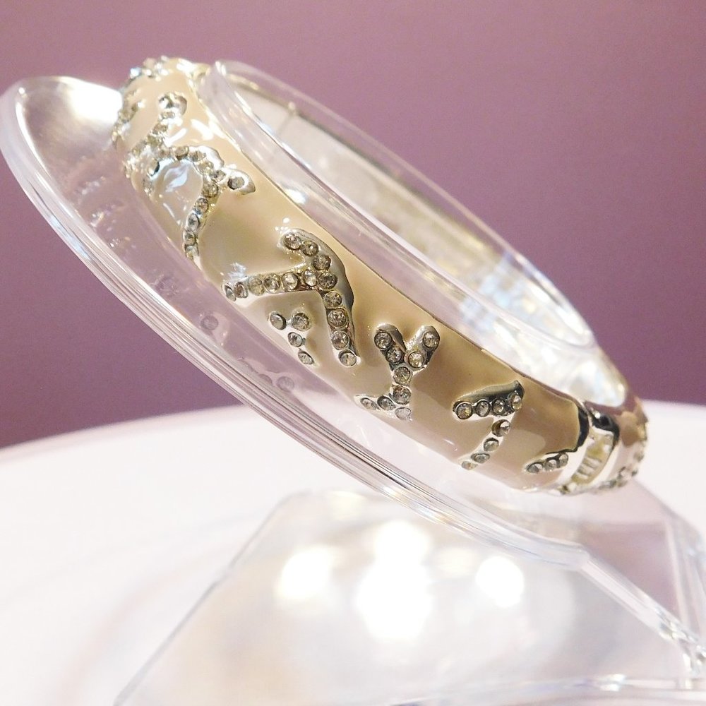 Sequin Silver Tone Light Beige Rhinestone Enamel Hinged Bracelet - NWOT